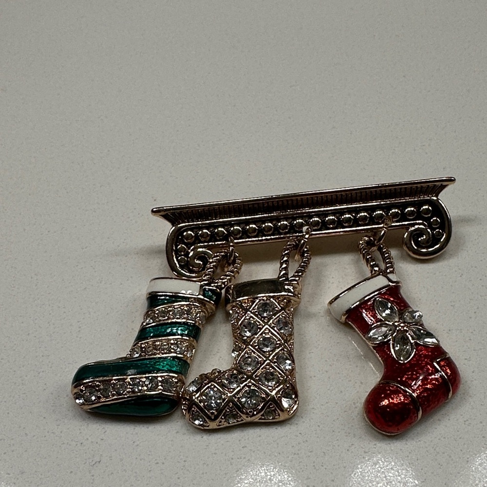 Festive Stocking Brooch with Rhinestones